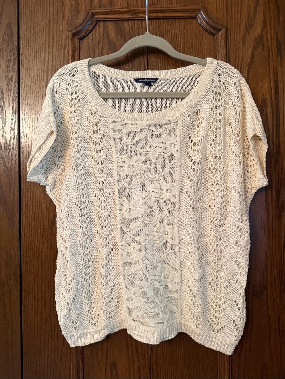 American Eagle Outfitters Cream Open-Knit Short Sleeve Top Size M